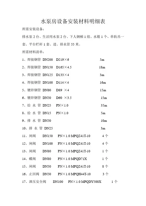 水泵房设备安装清单