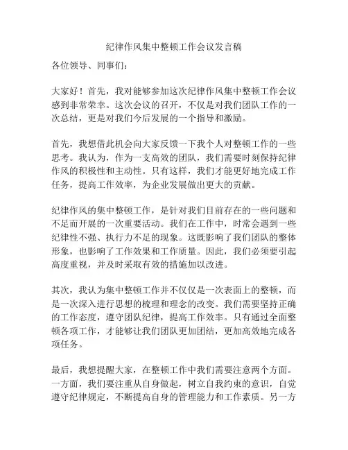 纪律作风集中整顿工作会议发言稿