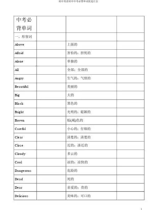 初中英语初中中考必背单词优选汇总
