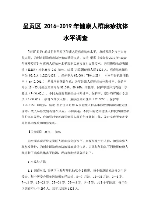 呈贡区2016-2019年健康人群麻疹抗体水平调查