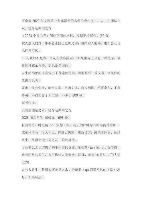 河南省2023年文科第一名郑媛元的高考乙卷作文——以共生团结之水,浇命运共同之花