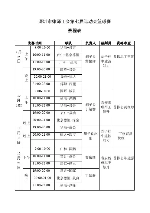 深圳市律师工会第七届运动会篮球赛赛程表
