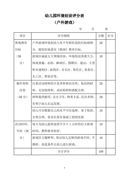 幼儿园环境创设评分表