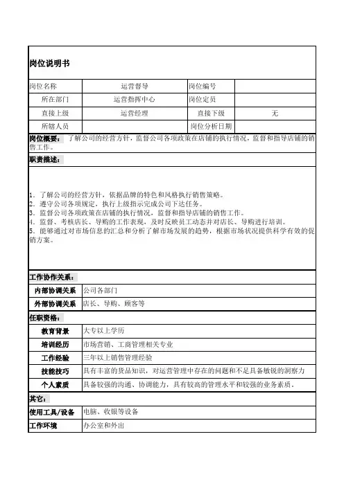 运营督导岗位职责薪酬标准及考核办法