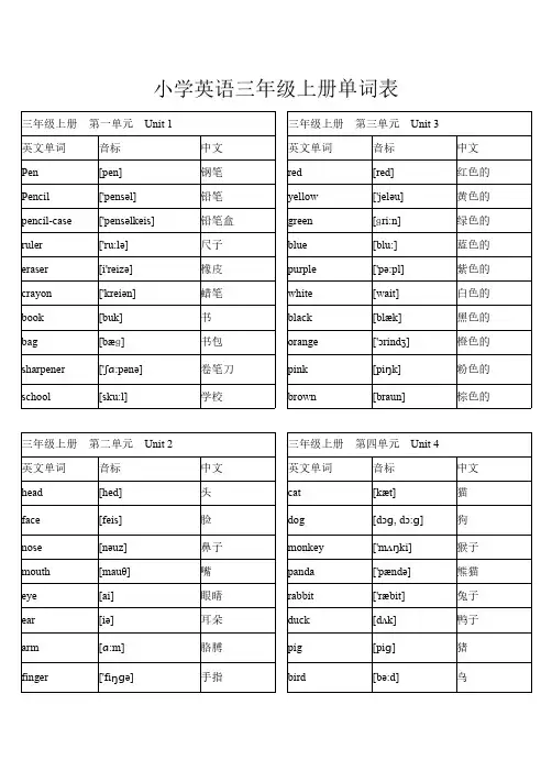 小学英语三年级上册单词表