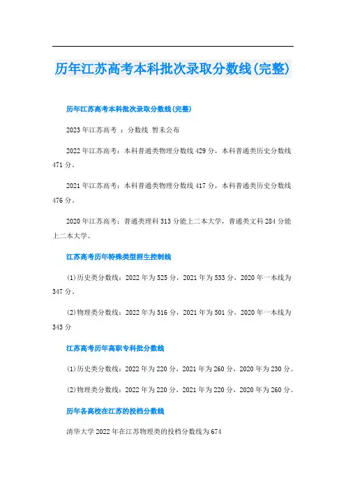 历年江苏高考本科批次录取分数线(完整)