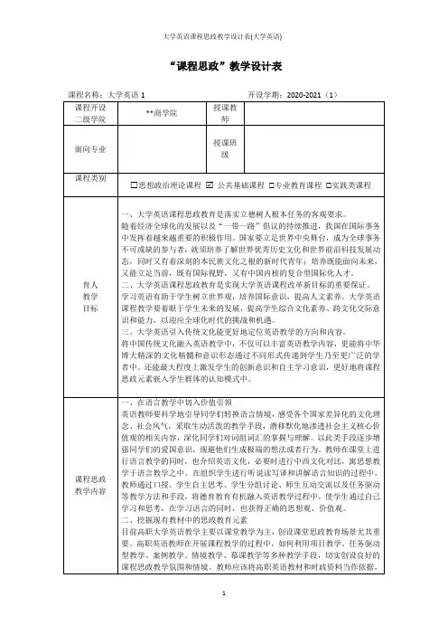 大学英语课程思政教学设计表(大学英语)