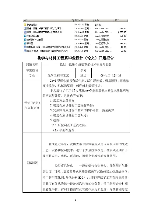 开题报告-低温、低压合成氨节能技术研究与设计