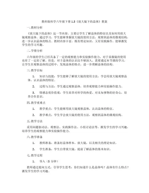 教科版科学六年级下册1.3《放大镜下的晶体》教案