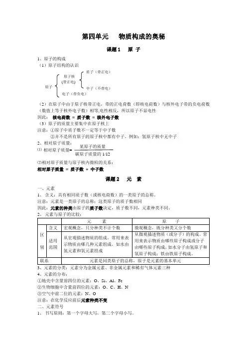 九年级化学第四单元原子、分子知识点总结