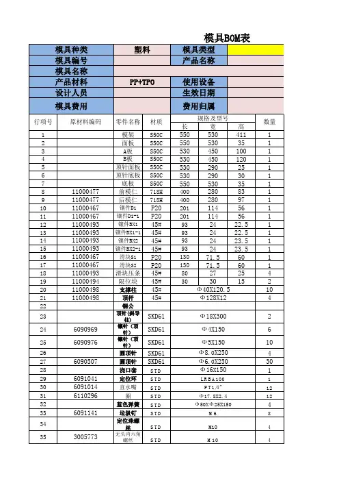 塑胶模具BOM