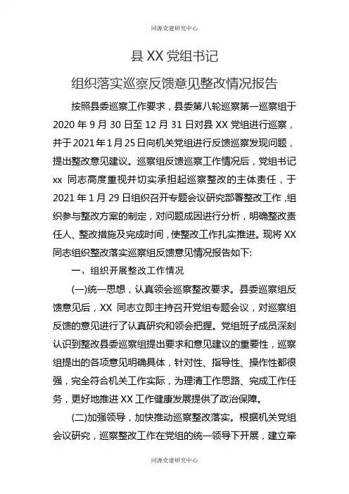 县XX党组书记组织落实巡察反馈意见整改情况报告