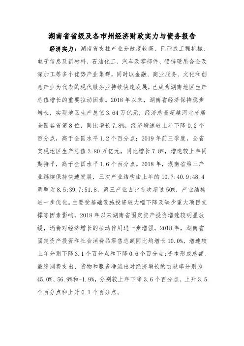 2019年湖南省省级及各市州经济财政实力与债务报告