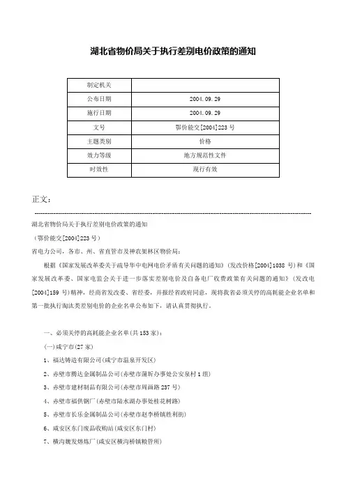 湖北省物价局关于执行差别电价政策的通知-鄂价能交[2004]223号