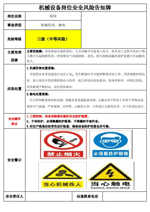 钻床安全风险告卡