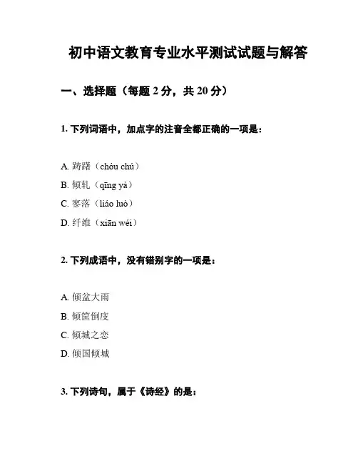 初中语文教育专业水平测试试题与解答