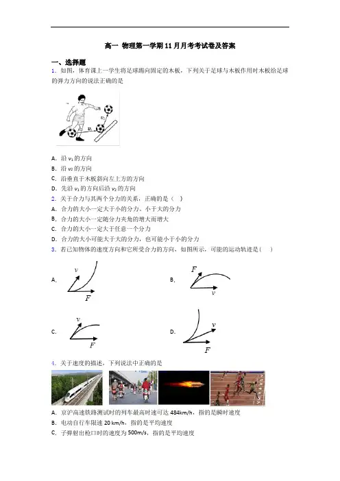 高一 物理第一学期11月月考考试卷及答案