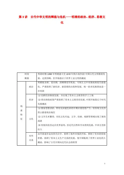 高考历史二轮专题复习 第3讲 古代中华文明的辉煌与危机 明清的政治、经济、思想文化(含最新模拟试题,