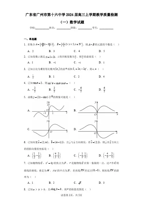 广东省广州市第十六中学2024届高三上学期教学质量检测(一)数学试题