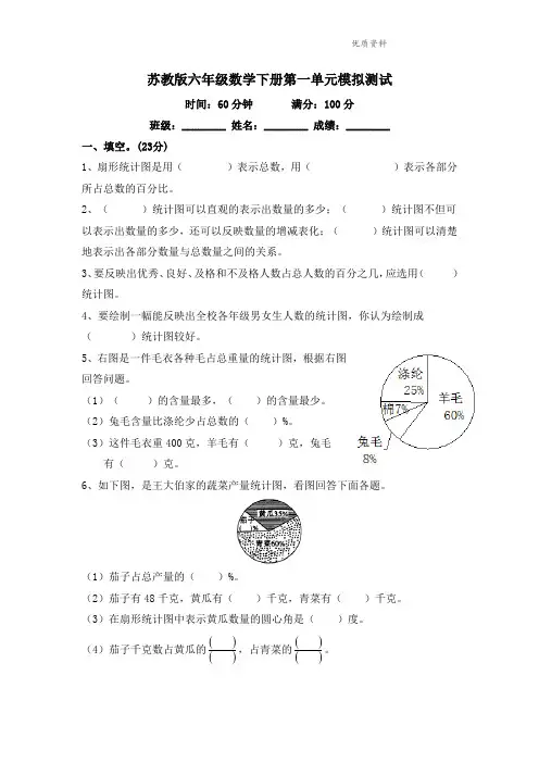 苏教版小学六年级数学下册第1单元《扇形统计图》综合练习题(1)附答案