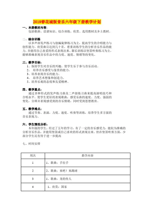 2019春花城版音乐六年级下册教学计划