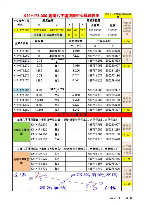 正做涵洞八字墙顶面中心线放样坐标计算显示一览表----样表