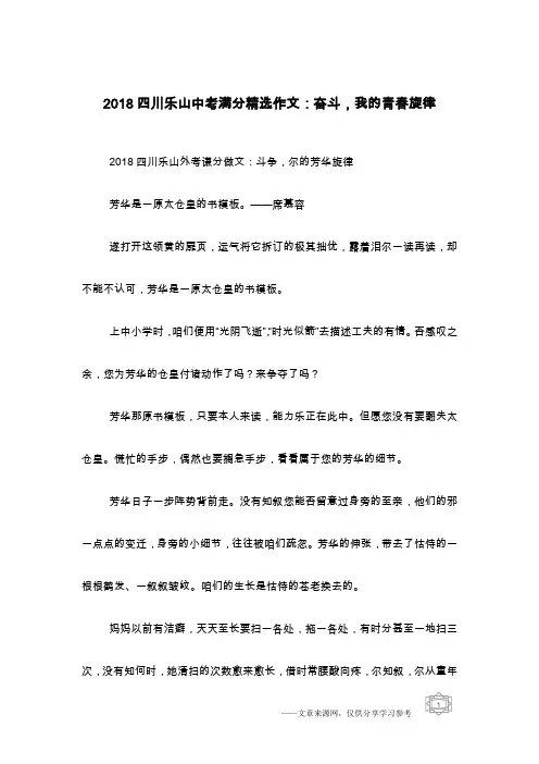 2018四川乐山中考满分精选作文：奋斗,我的青春旋律