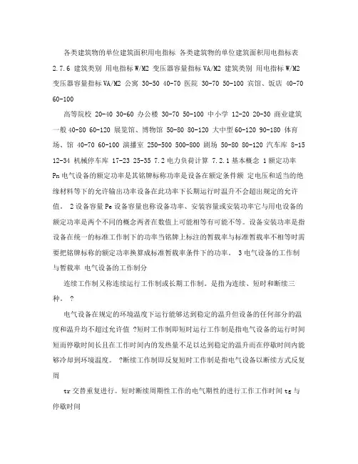 各类建筑物的单位建筑面积用电指标