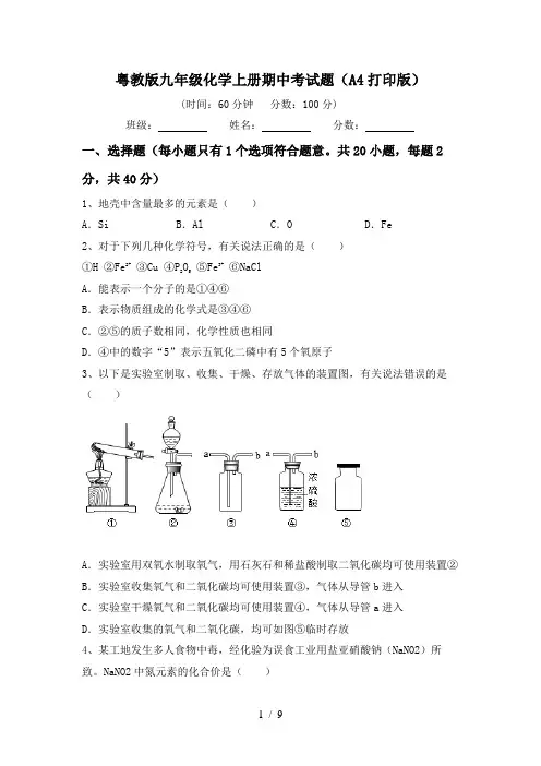 粤教版九年级化学上册期中考试题(A4打印版)