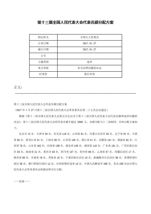 第十三届全国人民代表大会代表名额分配方案-