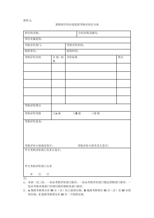 采购项目供应商监督考核评价打分表