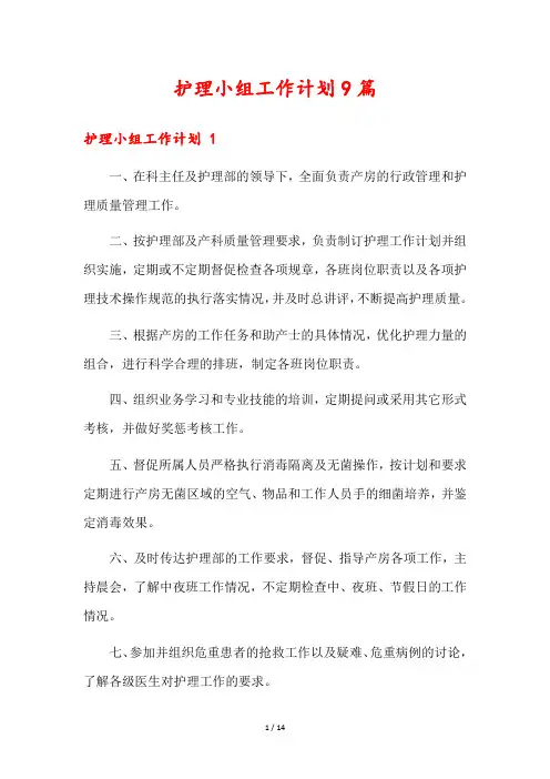 护理小组工作计划9篇