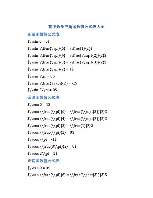 初中数学三角函数值公式表大全