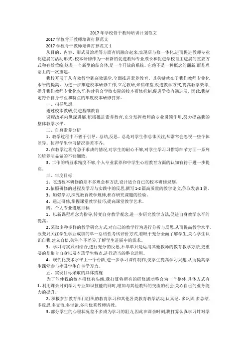2017年学校骨干教师培训计划范文