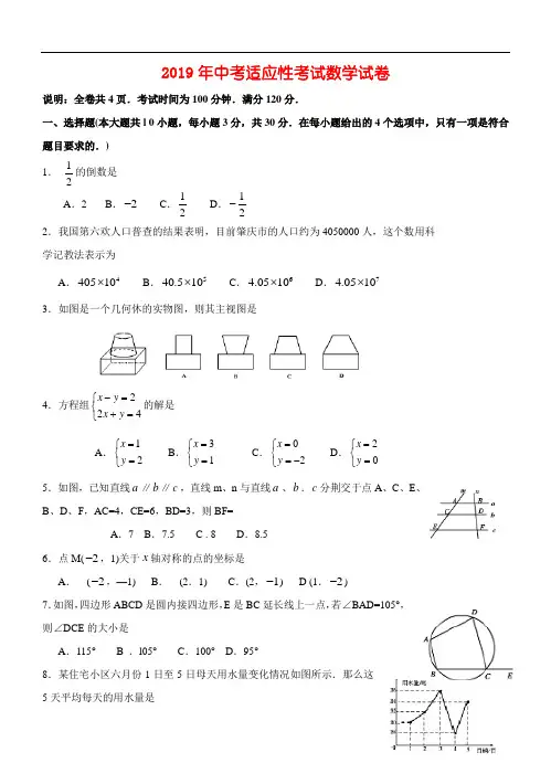 2019年 中考适应性考试数学试卷及答案
