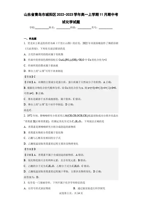 2022-2023学年山东省青岛市城阳区高一上学期11月期中考试化学试题(解析版)