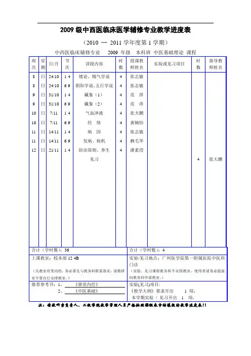 2009级中西医临床医学辅修专业教学进度表