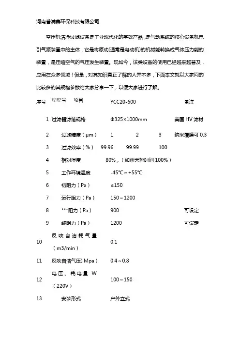 空压机洁净过滤设备规格参数