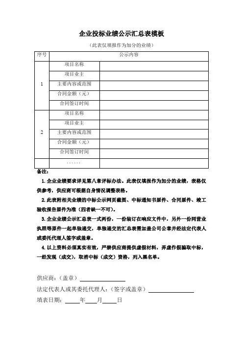 企业投标业绩公示汇总表模板