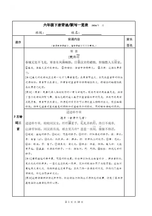 六年级下册背诵默写一览表