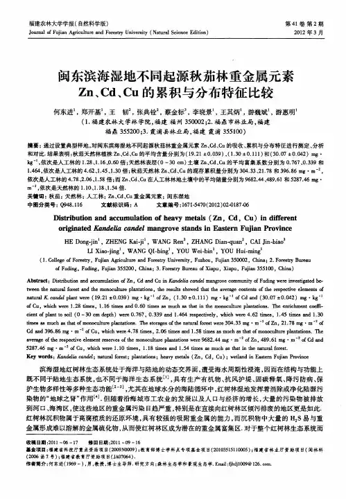 闽东滨海湿地不同起源秋茄林重金属元素Zn、Cd、Cu的累积与分布特征比较
