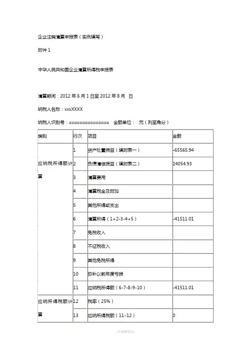 企业注销清算申报表(实例填写)