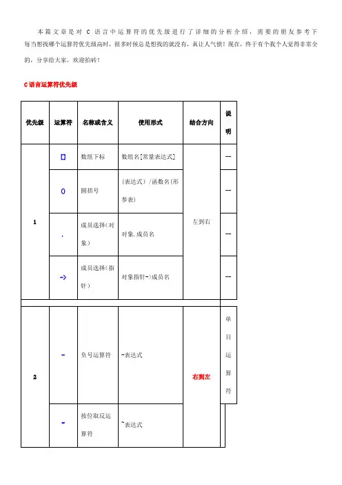 C语言运算符优先级列表(超详细)
