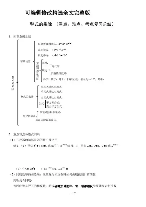 整式的乘除(重点、难点、考点复习总结)精选全文
