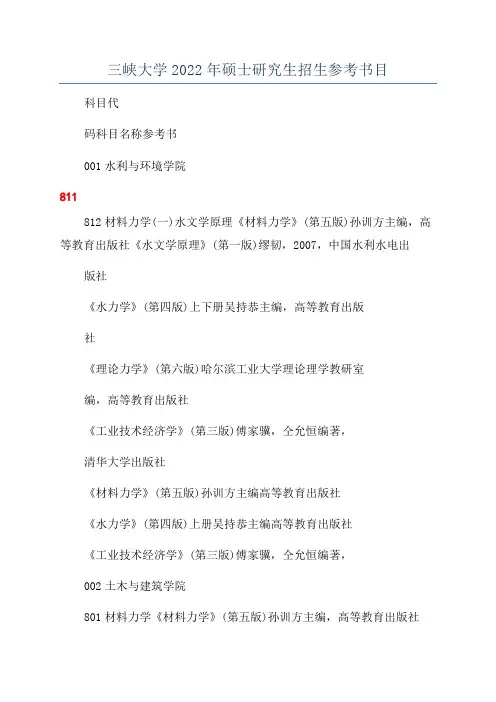 三峡大学2022年硕士研究生招生参考书目
