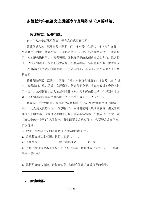 苏教版六年级语文上册阅读与理解练习(10篇精编)