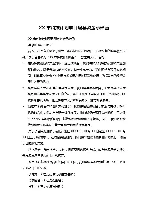 XX市科技计划项目配套资金承诺函