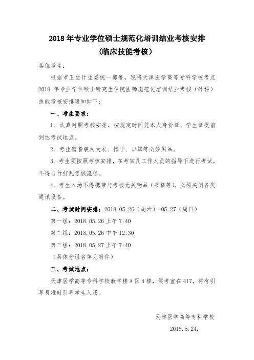 2018年专业学位硕士规范化培训结业考核安排