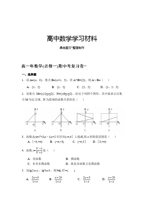 人教A版数学必修一福建省晋江市季延中学高一()期中考试复习卷(1).docx