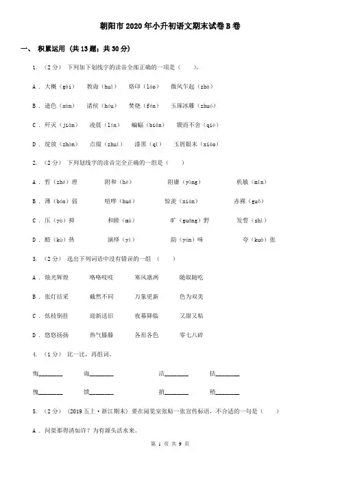 朝阳市2020年小升初语文期末试卷B卷(新版)